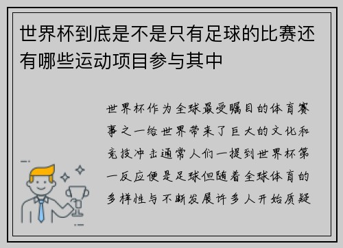 世界杯到底是不是只有足球的比赛还有哪些运动项目参与其中